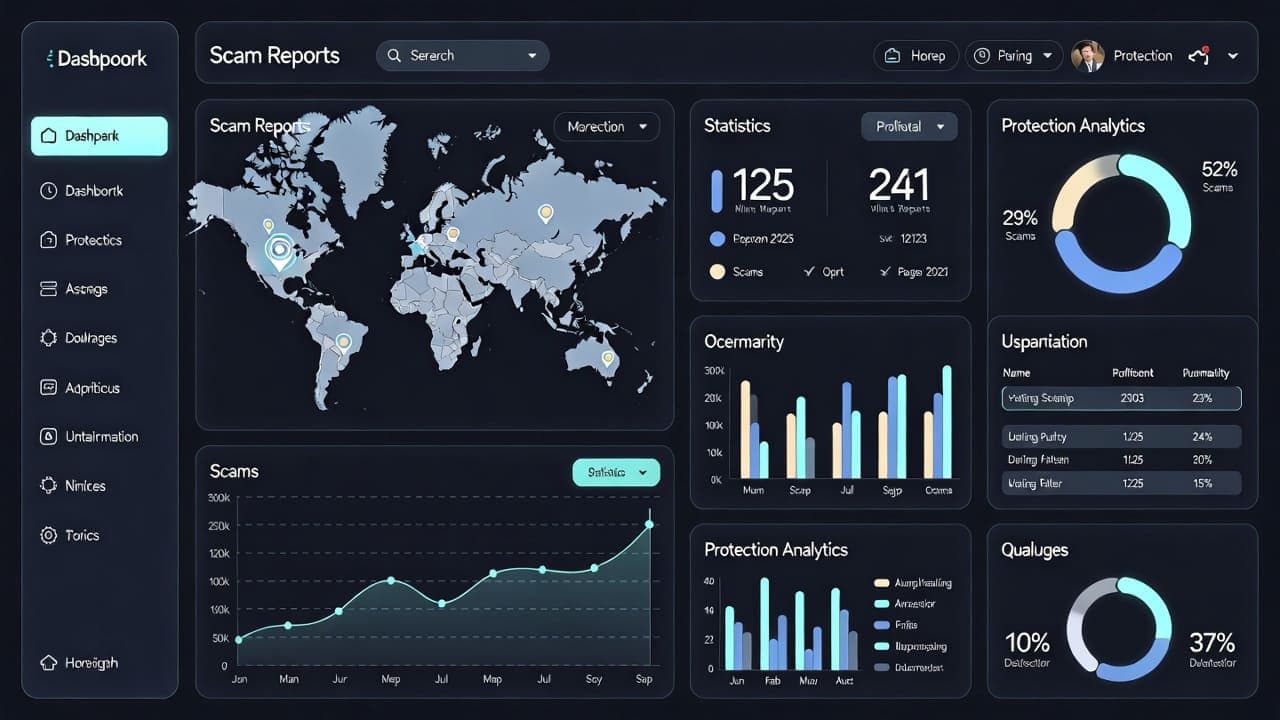 Modern dashboard interface showing scam reports and analytics